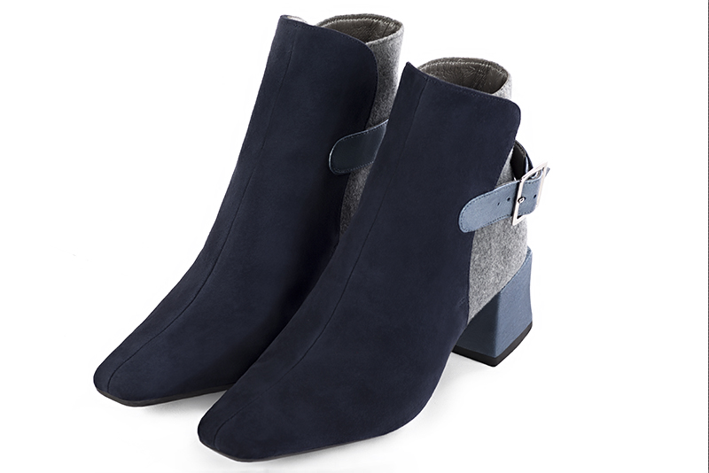 Women's navy blue, ash grey and prussian blue elegant ankle boots, with buckles at the back. Square toe. Medium block heels - Front view